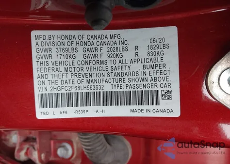 2020 Honda Civic Lx from USA, damaged, VIN 2HGFC2F68LH563632
